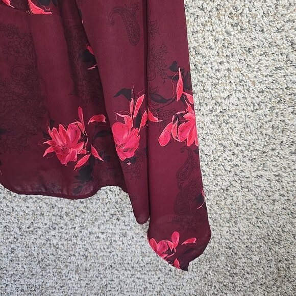Lane Bryant Top Womens Plus 20 Burgundy Floral Print Sheer Blouse V Neck Ladies - Picture 2 of 7